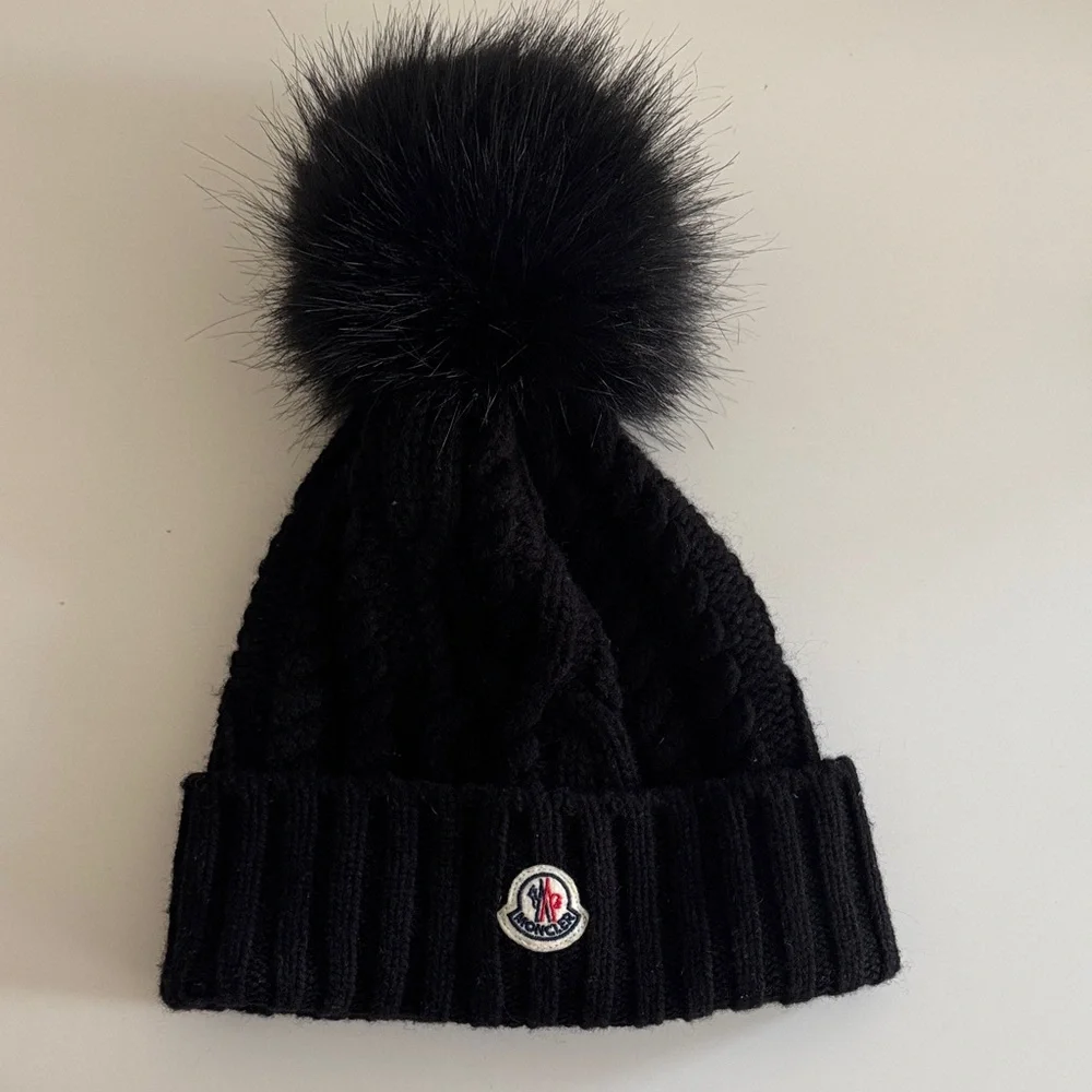 Moncler Black Knit Beanie with Pom Pom - Picture 1 of 3